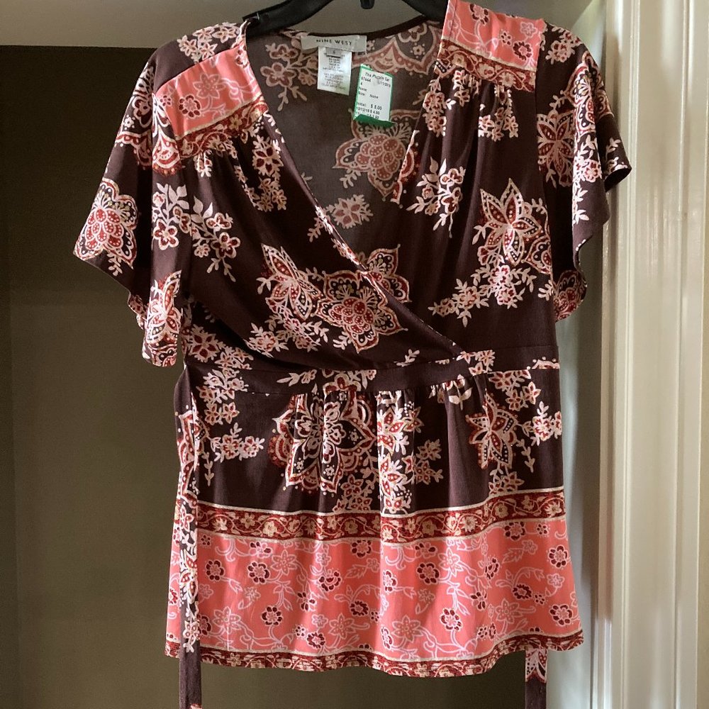 NWT Nine West Brown Floral Surplice Blouse S